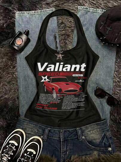 Attitoon Áo tank top nữ dáng ôm hở lưng cổ yếm phong cách Y2K vintage, họa tiết đua xe, thời trang mùa hè, streetwear, phù hợp đi làm hàng ngày, hẹn hò, tiệc tùng, thu/đông, mùa hè, đám cưới, đi biển, lễ tốt nghiệp, thanh lịch, dạo phố, trang phục lễ hội âm nhạc, quần áo tựu trường