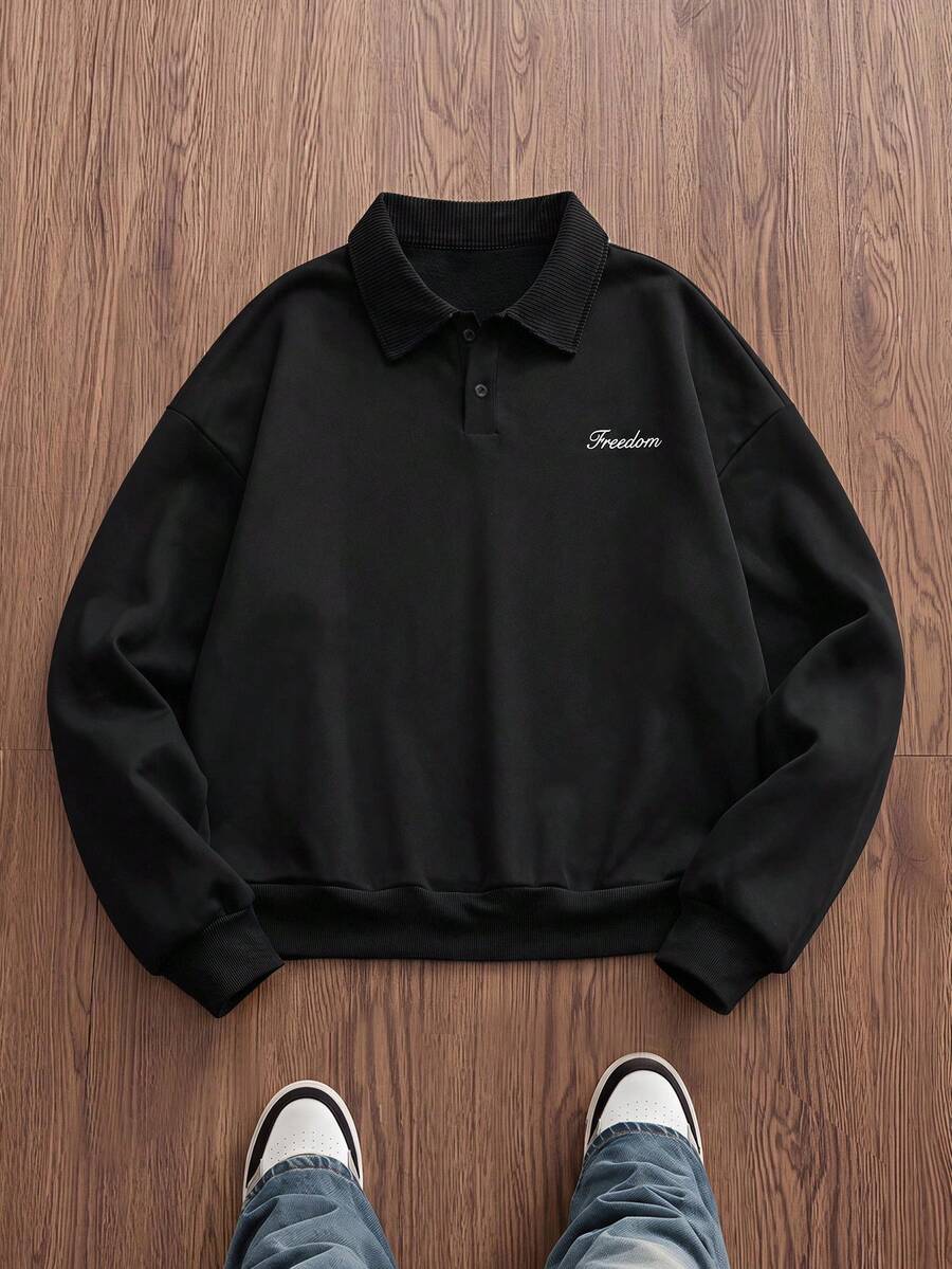Manfinity BRENVOR Men's Spring/Autumn Casual Standard Size Black Pullover Sweatshirt With Turn-Down Collar And Embroidery - Black - View 1