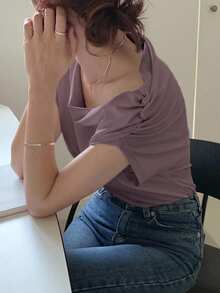 DAZY 夏季休閒純色不對稱領口T恤 - 紫色 - 查看 4