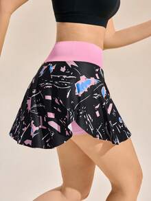 Exploreva Exploreva Contrast Color Print High Waist Sports Skort - Multicolor - View 4