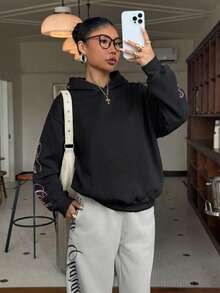 青少年女孩休閒極簡風粉色字母刺繡圖案寬鬆圓領舒適加厚長袖黑色運動衫，適合秋冬日常、街頭、戶外、Y2K、運動 - 彩色 - 查看 6
