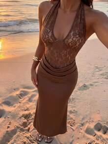 Nevyona Vintage Dark Brown Halter Long Dress, Deep V Lace Patchwork Bodice, Back Tie Open Back Design, Ruched Cinched Waist Mermaid Long Dress, Atmospheric Date Party Fitted Dress - Brown - View 8