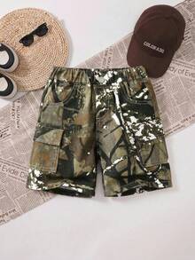 Toddler Boys' Denim Shorts, New Arrival, Fashion Minimalist Retro Street Camo Print Patch Pocket Design, Comfortable Cotton Denim Cargo Pants, Suitable For Casual Outings, Sports, Travel & Vacation - Khaki - View 4