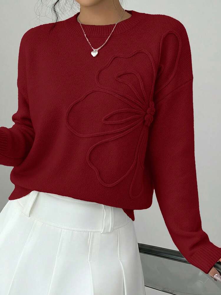 SHEIN Suéter de cuello redondo con patrón floral y unicolor para adolescentes, decoración de flores 3D, invierno, Halloween - Burdeos - Añade 6