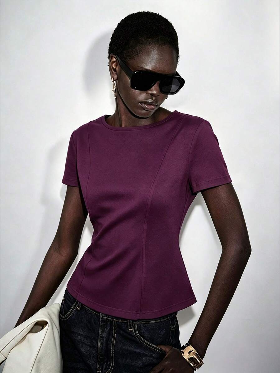 Lumivelle High Elasticity Knit Fitted Crew Neck Short Sleeve Cinched Waist Ruffle Hem A-Line Casual Elegant Commute Minimalist Spring Summer Women's T-Shirt