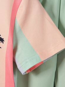 SHEIN Playful Pals 嬰兒針織T恤條紋印花+椰子樹數位印花+短褲2件套，運動休閒多色條紋+椰子樹定位印花T恤搭配糖果綠梭織短褲，必備運動休閒風 - 彩色 - 查看 4