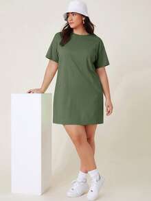 SHEIN BASICS 大尺碼女款短袖純色T恤洋裝 夏季女裝 夏日穿搭 - 軍綠色 - 查看 4