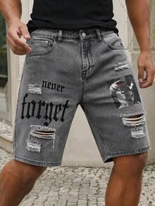 Manfinity EZcore Plus Size Men's Letter Print Pocket Distressed Denim Shorts - Grey - View 1
