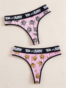 TOM & JERRY X SHEIN 2条装女士趣味卡通印花撞色字母腰带丁字裤 - 粉色 - 查看 1