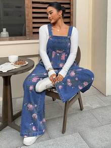 Dazy Plus Floral Pattern Vintage Washed Denim Overalls Plus Size Women Spring Summer Autumn Denim Jumpsuit School - Medium Wash - View 3