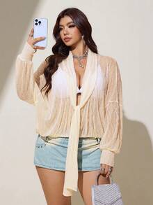 Viva Relle Plus Size Beige Textured Lace Tie-Front Sheer Sun Protection Soft Style Beach Vacation Outerwear Thin Top - Apricot - View 1