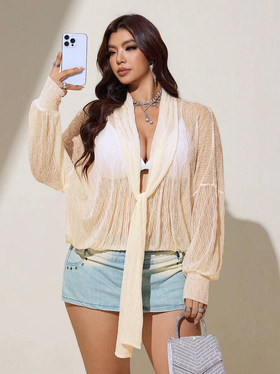 Viva Relle Plus Size Beige Textured Lace Tie-Front Sheer Sun Protection Soft Style Beach Vacation Outerwear Thin Top - Apricot - View 1