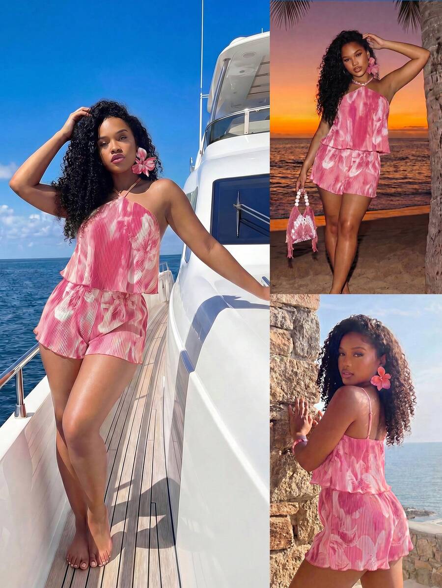 BamGleam Women's Summer Orange Lily Print Pleated Heavy Work Camisole Loose Top And Pleated Shorts 2 Pieces Set - Pink - View 1