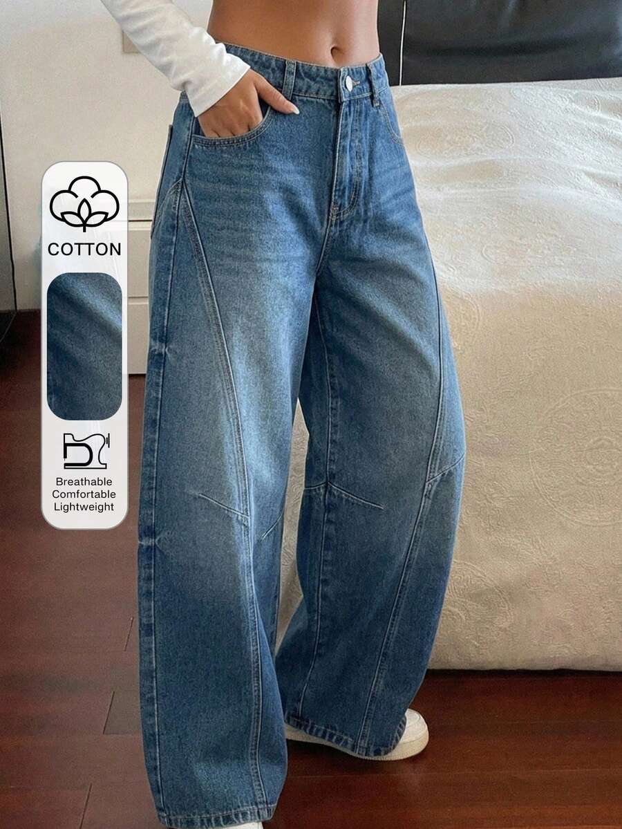 DAZY Celana Jeans Denim Kasual Wanita Model Regular Pinggang Tengah dengan Desain Belahan dan Potongan Kaki Melengkung untuk Musim Gugur - Dark Wash - View 1