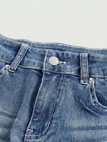 ROMWE Grunge Punk Y2K Hot Girl Style Vintage Washed Pocket Union Jack Print Ultra Low Waist Denim Shorts - Baby Blue - View 3