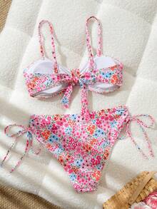 Swim Lushoire 女款時尚花卉印花兩件式比基尼沙灘套裝，適合春夏度假 - 彩色 - 查看 6