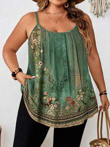 EMERY ROSE Busana Wanita dengan Motif Boho Elegan, Motif Bunga Hijau Sage, Dicetak pada Kaos Model Rompi Bergaya Musim Panas. Liburan - MultiWarna - View 1