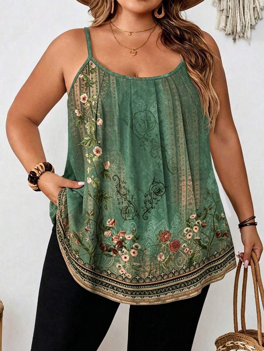 EMERY ROSE Busana Wanita dengan Motif Boho Elegan, Motif Bunga Hijau Sage, Dicetak pada Kaos Model Rompi Bergaya Musim Panas. Liburan - MultiWarna - View 1