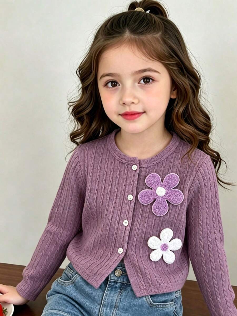 SHEIN Elladie kids 女童柔軟紋理麻花針織開襟衫,可愛優雅甜美公主風,百搭時尚外套,適合春、夏、秋季,日常穿著、聚會、派對、外出、上學 - 紫色 - 查看 1