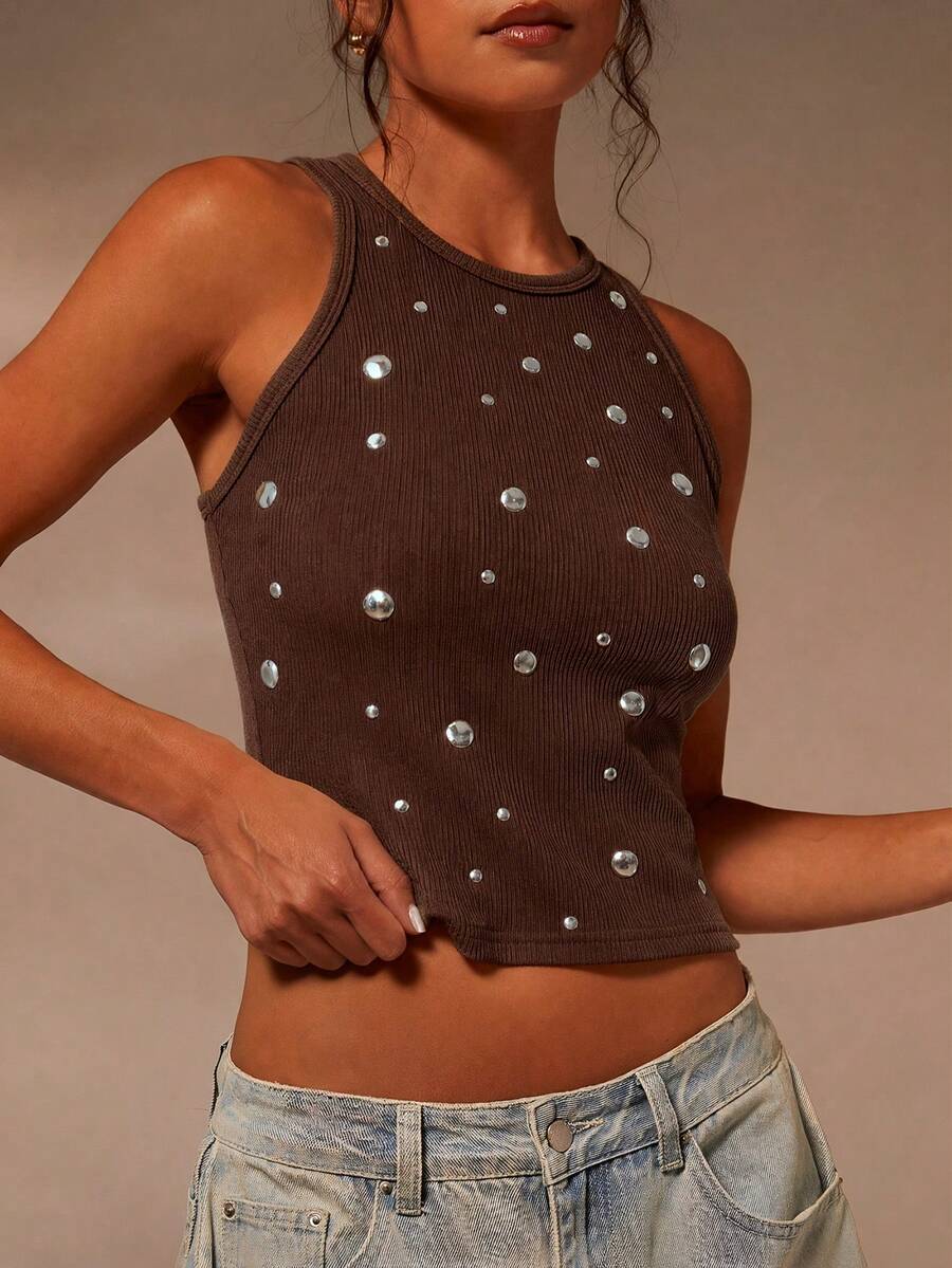 Athîral Women's Casual Solid Color Rivet Asymmetrical Decor Sleeveless Tank Top, Daily Casual Wear, Versatile All-Season Item, Date And Party Outfit, Spring And Summer Wear - Coffee Brown - View 1
