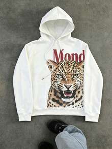 Manfinity Dauomo American Vintage Style Tiger & Letter Print Loose Drawstring Hooded Casual Sweatshirt - Multicolor - View 1
