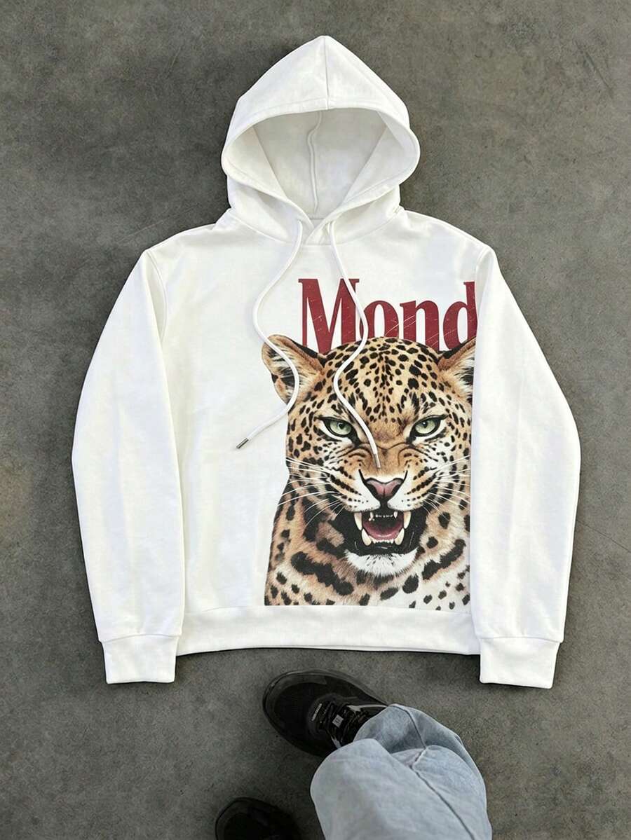Manfinity Dauomo American Vintage Style Tiger & Letter Print Loose Drawstring Hooded Casual Sweatshirt - Multicolor - View 1