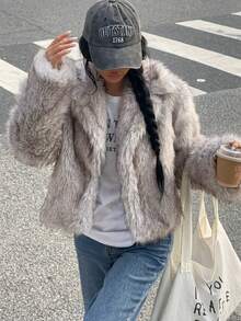 SHEIN EZwear 蓬鬆領短版夾克 秋冬日常外出夜生活 淺灰色休閒款 - 淺灰色 - 查看 7