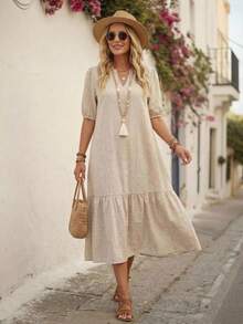 EMERY ROSE Khaki Women's V-Neck Ruffle Hem Short Sleeve Dress - Khaki - View 1