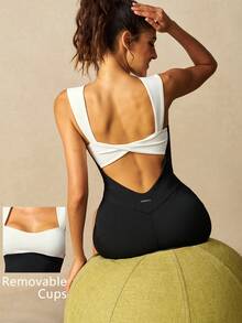 VARSIVA Colorblock Patchwork Backless Sleeveless Fitted Athletic Modest Athleisure Romper Gym Workout Black And White Summer - Black and White - View 11