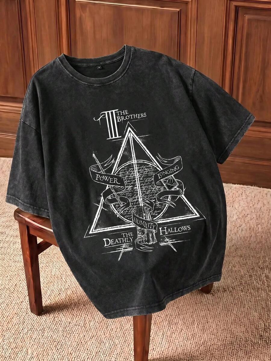 HARRY POTTER X SHEIN Men's Letter & Logo Graphic Round Neck Short Sleeve T-Shirt, 2000s Style - White - View 1