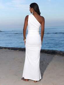 Opulessa Spring/Summer Vacation Knitted One-Shoulder Fitted Dress For Women Beach Vacation White Sexy Tropical - White - View 2