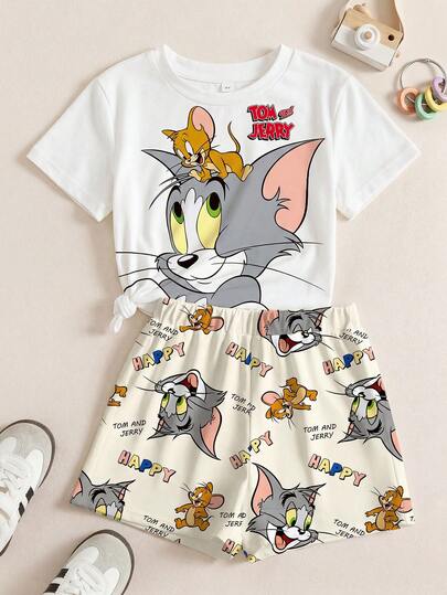 TOM & JERRY X SHEIN Cartoon Print Round Neck Short Sleeve T-Shirt And Shorts Casual Outfit For Young Girl