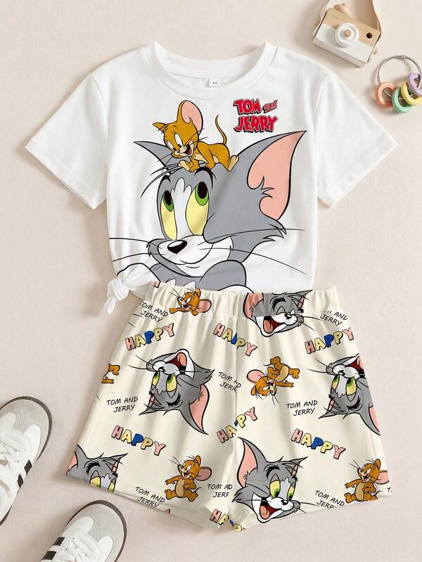 TOM & JERRY X SHEIN Ensemble décontracté pour jeune fille composé d'un t-shirt à col rond à manches courtes avec imprimé dessin animé et d'un short