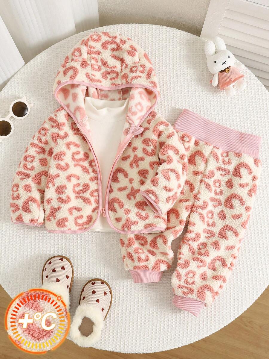 2pcs/Set Baby Girl Autumn/Winter Cute Leopard Print Hooded Jacket & Pants Set, Jacket Set, Cute Outfit - Multicolor - View 1