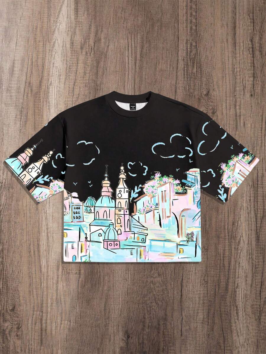 Manfinity Joysei Men's Casual Town Print Loose Short T-Shirt - Black - View 1