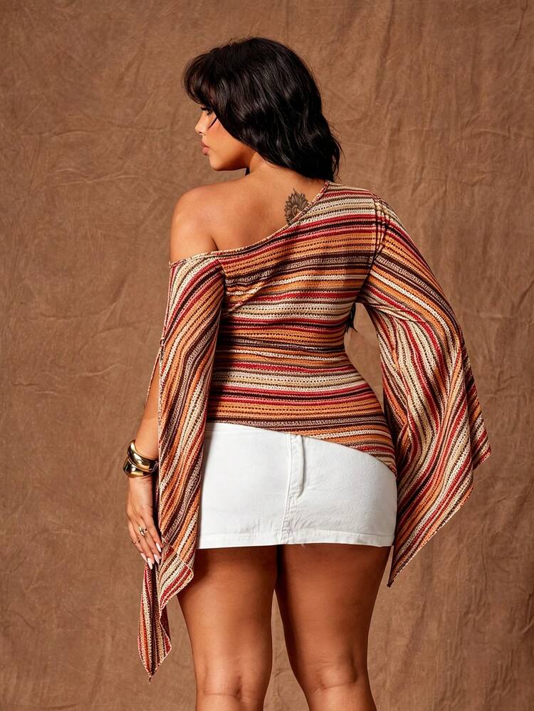 Rustia Plus Size Striped Asymmetric Cutout Bell Sleeve Top - Pink - View 2