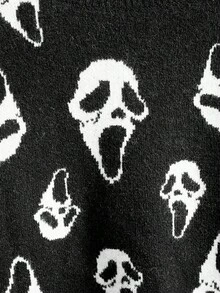 ROMWE Dark Gothic Halloween Ghost Face Jacquard Distressed Design Crew Neck Loose Fit Pullover Sweater - Black and White - View 4