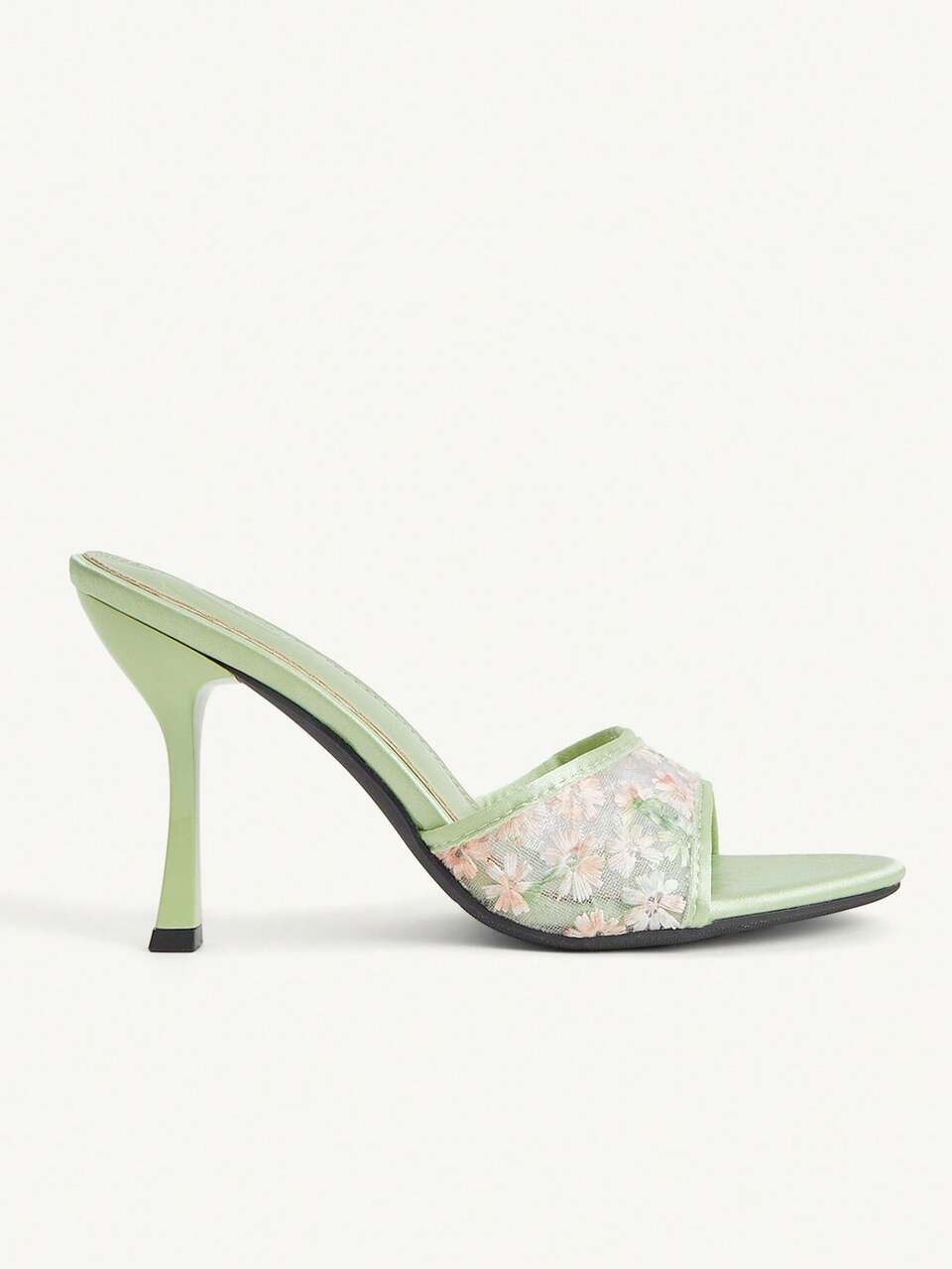 CUCCOO CHICEST Women's Shoes Thin Heel Round Toe Embroidered Mesh Light Green Satin High Heel Sandals Fashionable And Elegant Heel Shoes Dating Afternoon Tea Summer