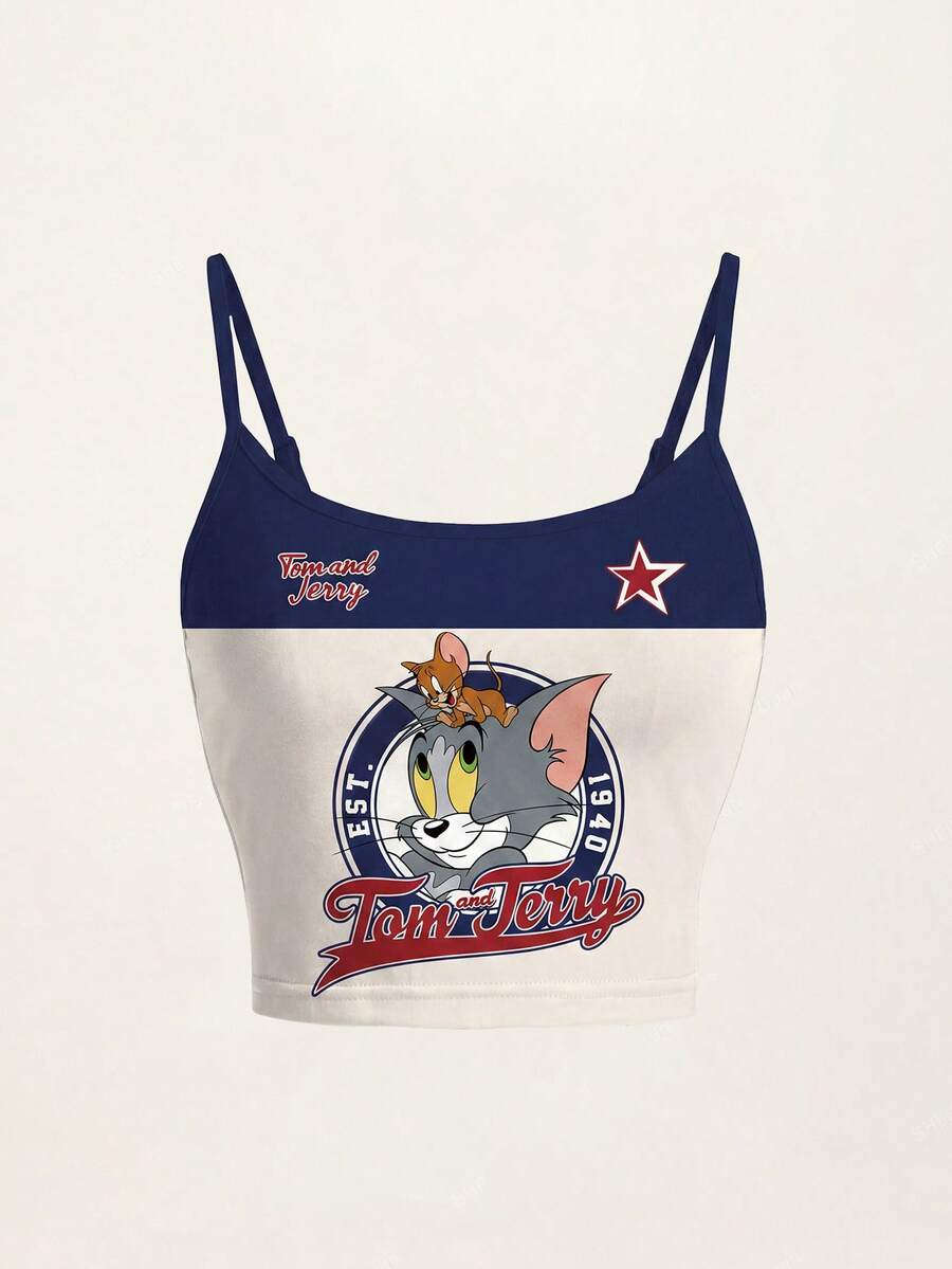TOM & JERRY X SHEIN 女士休闲时尚街头卡通字母印花撞色修身短款吊带背心,适合夏季日常通勤 - 白色 - 查看 1