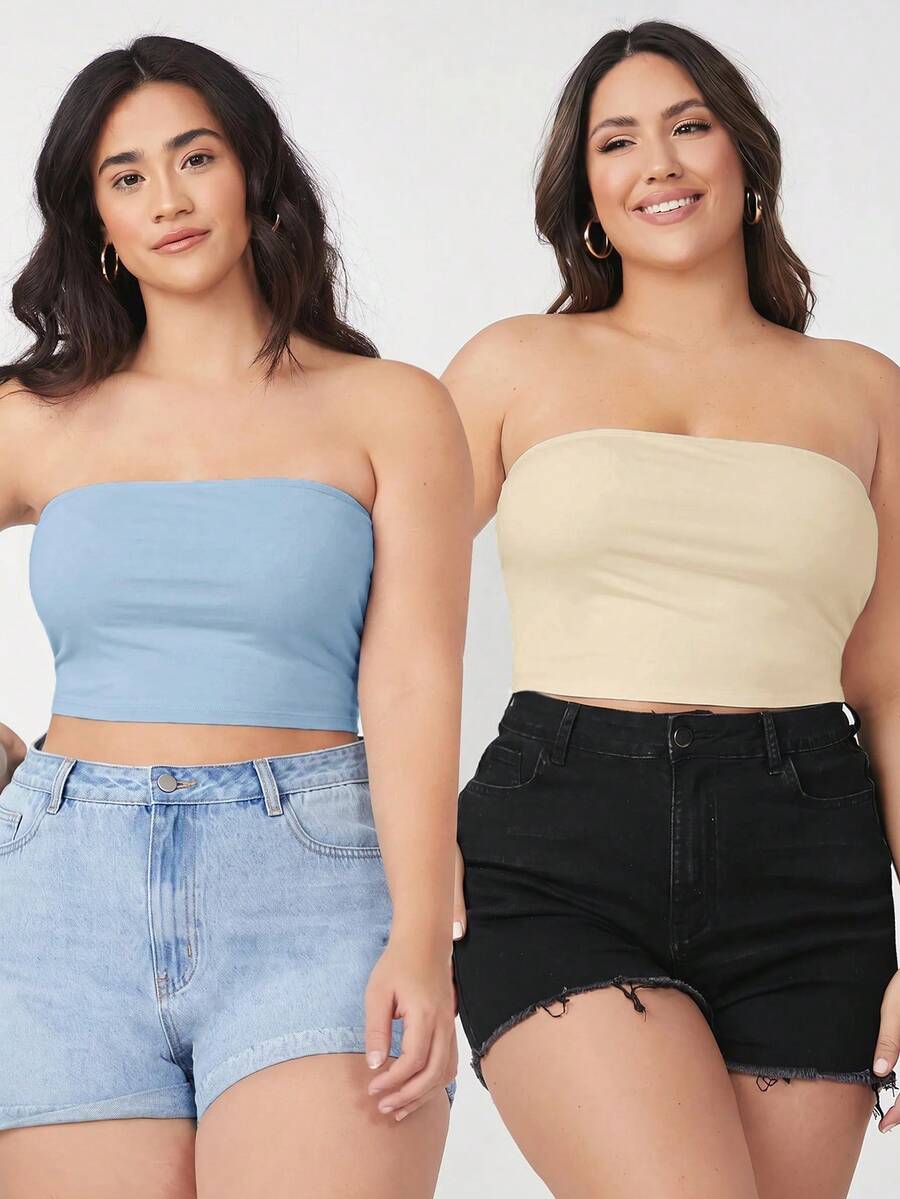SHEIN BASICS 大尺碼 2 件組短版抹胸上衣/夏季/露肩上衣 夏季上衣 - 彩色 - 查看 1