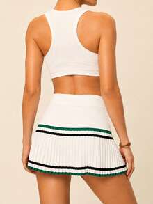 SHEIN BAE Women's Striped Pleated Casual Fitness Sports Skirt Shorts - Army Green - View 3