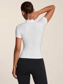 SHEIN BAE Women's Rhinestone Embellished Zipper Design Short Sleeve Equestrian Top Elegant And Casual Crystal Everyday White Casual Sports - White - View 5