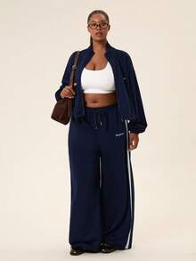 Levarali Plus Size Women's Sports Casual Set, Sweatshirt Jacket + Sports Pants 2 Pieces Set, Daily Sports & Fitness Outfit, Autumn/Winter Wear Fall - Navy Blue - View 1