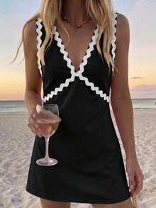 Vivid Eden Vestido versátil de moda para vacaciones con bordado y contraste de color para mujer - Negro - Ver 3