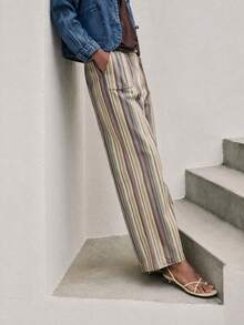 Nöista Multicolour Vertical-Stripe Wide-Leg Trousers With Front Patch Pockets. Everyday Outfits, Casual, College, Day-To-Night, Fall, Autumn, Winter. - Pink - View 4
