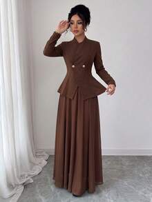 Elenzga Spring Autumn Winter Elegant Stand Collar Waist-Cinching Coffee Color Blazer & Pleated Long Skirt 2-Piece Set For Wedding Party Commute, Romantic Exquisite Women's Outfit - Coffee Brown - View 5