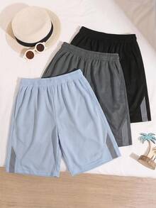 SHEIN 3pcs Kids Tween Boy Casual Patchwork Reflective Webbing Shorts Black Grey Blue 3pcs Set Pants Sports Home - Multicolor - View 2