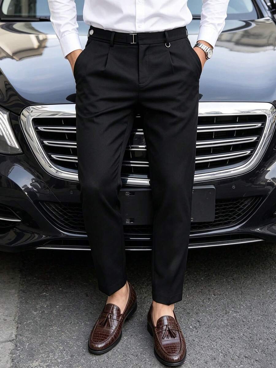 Manfinity Mode 男士素色百褶百搭商務通勤西裝長褲,黑色西裝褲正裝褲,儀式適用 - 黑色 - 查看 1