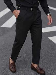 Manfinity Mode 男士素色百褶百搭商務通勤西裝長褲，黑色西裝褲正裝褲，儀式適用 - 黑色 - 查看 5