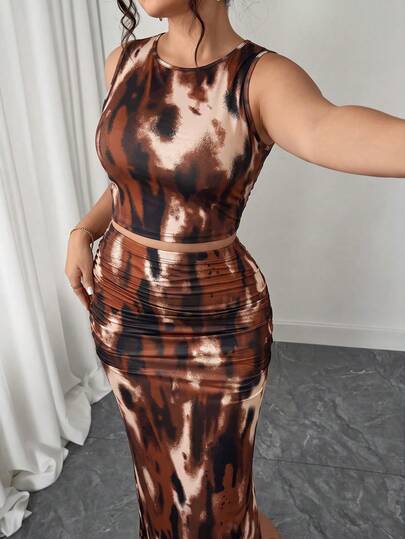 Elenzga Plus Size Women's Leopard Print Tank Top & Skirt 2-Piece Set, Sexy Hot Girl Style, Casual Commute